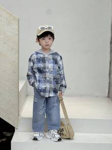 SHEIN 2pcs/Set Young Boys Casual Plaid Patchwork Hooded Cardigan Long Sleeve Top & Distressed Denim Pants Outfit,Suitable For Street Outdoor Autumn Spring - Black and White - View 5