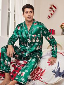 Christmas Elements Pattern Santa Snowman Faux Silk Men Pajamas Set - Green - View 2