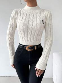 SHEIN Unity Suéter de punto de manga larga con cuello alto, ajustado, con bordado de letras para mujer, para otoño/invierno - Beis - Ver 7