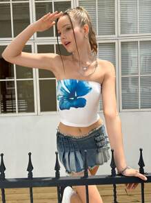 SHEIN EZwear Women's Floral Print Ruched Bandeau Backless Camisole Top