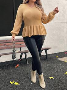 SHEIN LUNE Plus Size Casual V-Neck Ruffle Hem Sweater For Everyday Wear, Autumn/Winter Knit Pullover Fall - Khaki - View 4