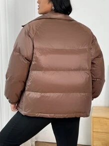 SHEIN EZwear Unisex Plus Size Warm Padded Down& Feathers Jacket, Brown Feather For Winter - Chocolate Brown - View 3