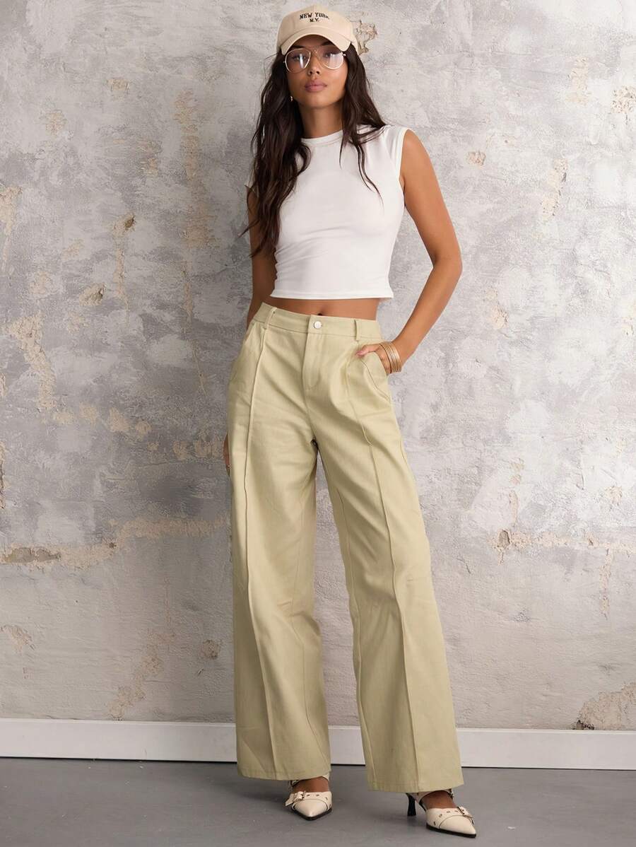COSMINA Autumn/Winter Women Plain Front Button Pocket Simple Casual Pants - Khaki - View 1