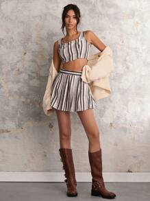 COSMINA Autumn/Winter Women Striped Square Neck Crop Top & Mini Skirt Casual 2-Piece Set - Multicolor - View 1