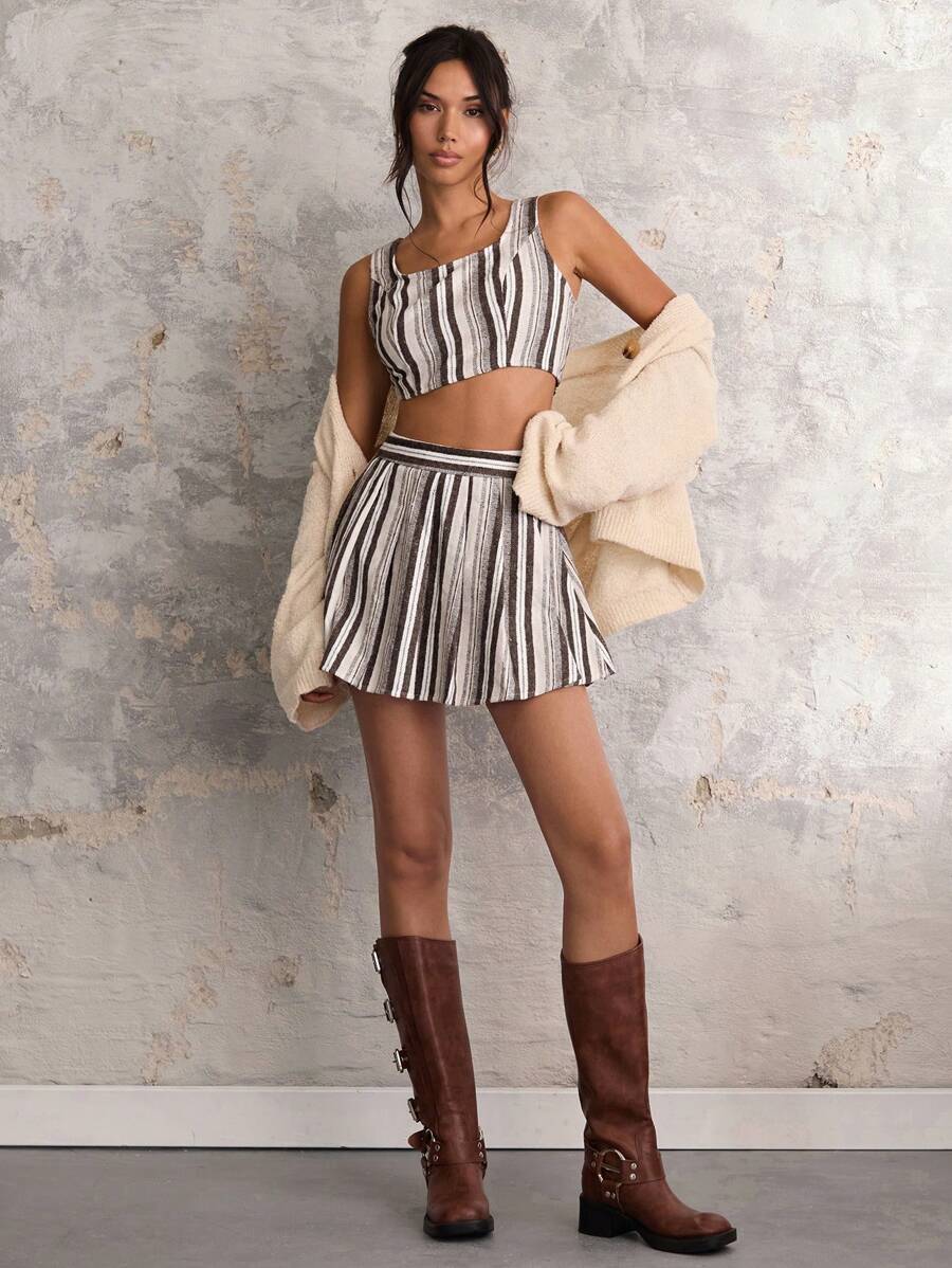 COSMINA Autumn/Winter Women Striped Square Neck Crop Top & Mini Skirt Casual 2-Piece Set - Multicolor - View 1