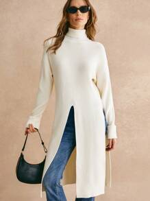 Poéselle Long Apricot Sweater,Long Turtleneck Slit Sweater,Women High Collar Dropped Shoulder Solid Color Long Sleeve Split Hem Casual Sweater, Autumn/Winter,Fall Women Outfits,Fall Sweaters,Old Money StyleWarm And Comfortable, Suitable For Daily Street, Home, Commuting And Other Occasions To Wear