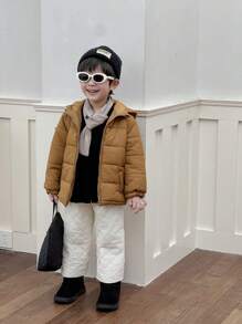 SHEIN Young Boy Winter Solid Color Long Sleeve Zip Collar Hooded Padded Coat & Pants Casual Outfit Set With Scarf - Multicolor - View 3