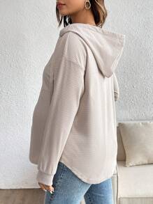 SHEIN 孕妇休闲简约拉链半开抽绳连帽运动衫，秋季 - 卡其色 - 查看 2