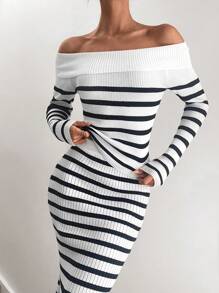 SHEIN Unity Stripe Off Shoulder Fitted Knit Long Sleeve Top & Bodycon Maxi Fish Tail Skirt, Sexy Women Dress Set - Black and White - View 3