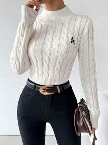 SHEIN Unity Suéter de punto de manga larga con cuello alto, ajustado, con bordado de letras para mujer, para otoño/invierno - Beis - Ver 4