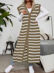 Flirla Plus Size Colorblock Striped Front Button Casual Long Cardigan, For Daily Wear - Multicolor - View 6