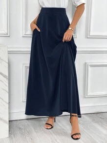 SHEIN Essnce Gonna a colori uniti elegante con zip e tasche - Blu - Visualizzare 4