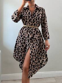 RueChic Leopard Printed Long Sleeve Shirt Dress - Multicolor - View 5