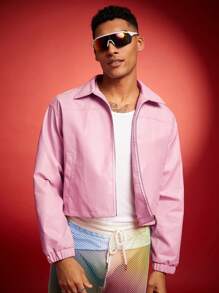 FeverCity 男士短款宽松长袖夹克外套，适合秋冬 - 粉色 - 查看 5