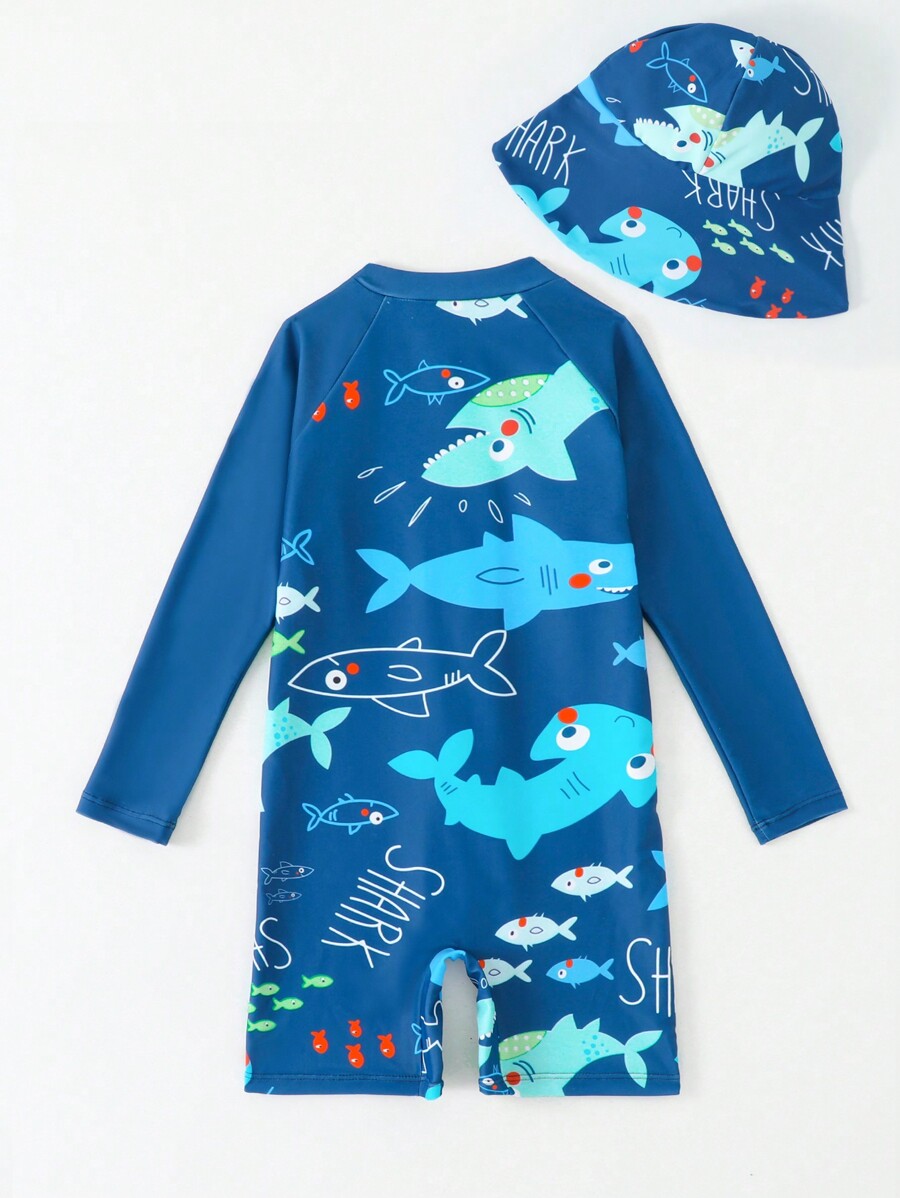 Young Boy Cartoon Print Half Zipper Long Sleeve Rash Guard & Swimming