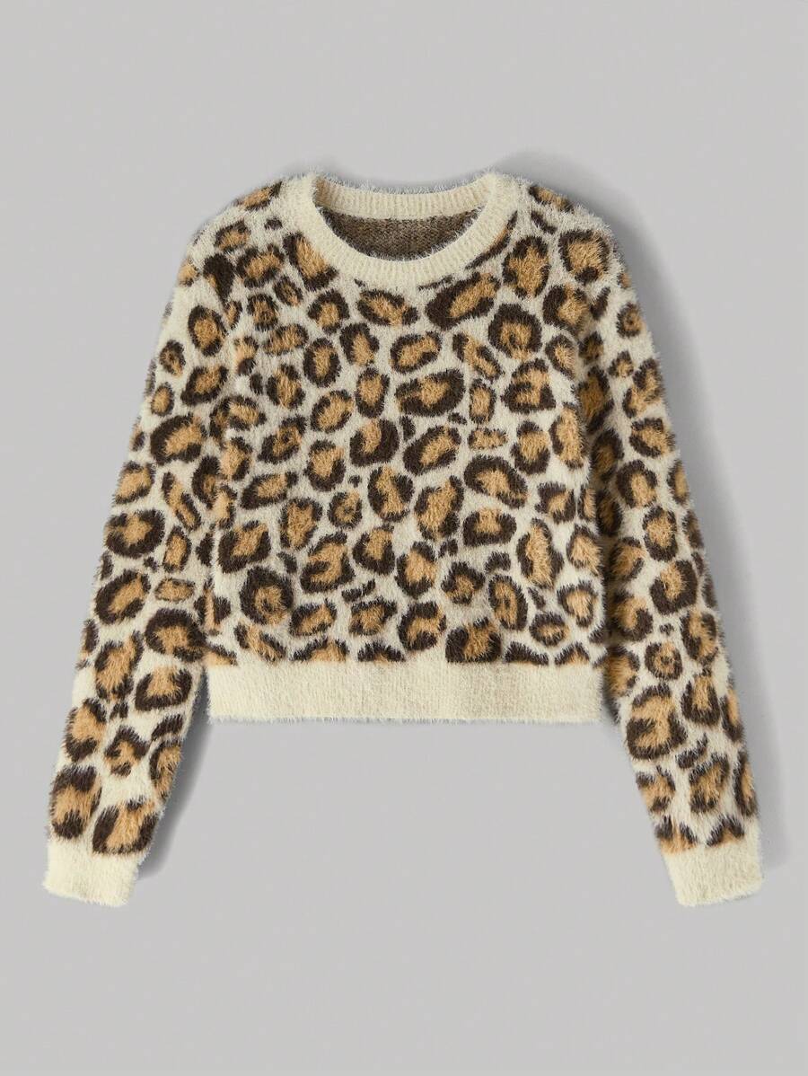 SHEIN MOD Plus Size Retro Fluffy Leopard Print Short Pullover - Multicolor - View 1