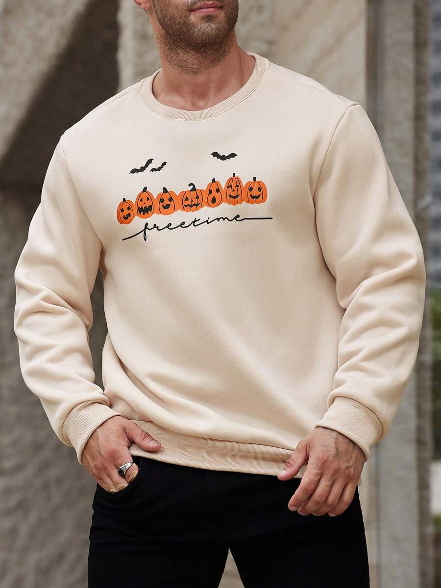 Manfinity Homme Herren Große Größen Lässig Halloween Kürbis & Buchstaben Muster Hoodie Sweatshirt, Herbst/Winter