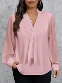 SHEIN Privé Plus Size Women White Pearl Collar Decor Tie Neck Ruched Texture Chiffon Formal Fitted Shirt For Work And Daily, Spring/Autumn - Pink - View 3