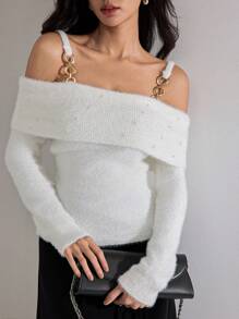 Heiryn Solid Color Off-The-Shoulder Top With Chain Decor, Elegant Long Sleeve Sweater For Autumn/Winter - White - View 4