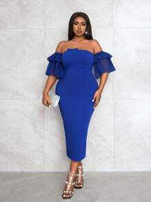 Slaydiva 优雅派对/场合/约会修身纯棕色露肩修身波尔卡圆点网眼拼接中长连衣裙，后开衩，大码，春夏 - 棕色 - 查看 3