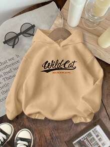 SHEIN Leap Crew ModeFlare Wear Tween Boy Casual Minimalist Wildcat Baseball Player Cartoon Graphic Thick Hoodie, Stylish And Cute, Suitable For Autumn/Winter, Back Of Clothes - Camel - View 2