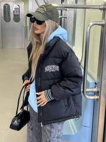 Aveloria Affinna Abrigo acolchado holgado para mujer con diseño de bloque de color, puño estriado, estampado de letras y rayas, para otoño/invierno
