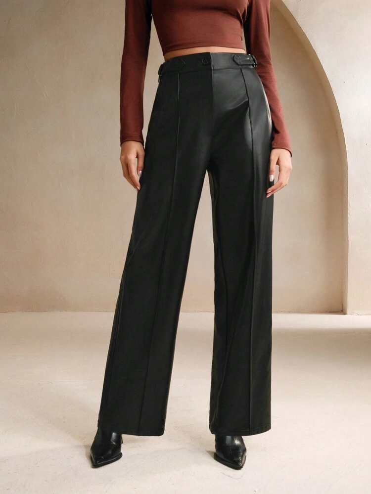 1pc Women's Black Rigid Straight-Leg Casual Pants, Wrinkle-Resistant Faux Leather Trousers