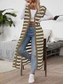 Flirla Plus Size Colorblock Striped Front Button Casual Long Cardigan, For Daily Wear - Multicolor - View 4