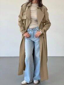 Aloruh 秋冬新款保暖防风咖色百搭加长收腰双排扣装饰英伦风大翻领风衣 - 卡其色 - 查看 4