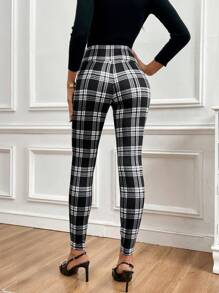 SHEIN Clasi Women's Elegant Casual High Waisted Fitted Plaid Print Metal Buckle Decor Knit Pants Teachers' Day Back-To-School Office Work Black And White Summer - Black and White - View 2