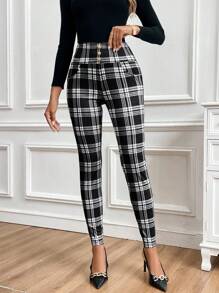 SHEIN Clasi Women's Elegant Casual High Waisted Fitted Plaid Print Metal Buckle Decor Knit Pants Teachers' Day Back-To-School Office Work Black And White Summer - Black and White - View 4