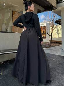 Flirla Plus Casual Style Long Sleeve Hooded Zipper Front Dress Maxi Women Outfit Fall Cloth For Women - Black - View 3
