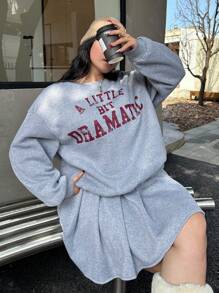 Flirla Plus Size Asymmetric One-Shoulder Long Sleeve Letter Print Sweatshirt & Pleated Mini Skirt 2 Pieces Sets, Casual Cute College Style