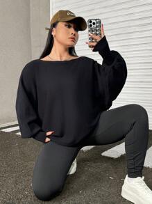 SHEIN EZwear Áo len chui đầu dài tay cổ bất đối xứng màu trơn cỡ lớn - màu đen - Xem 5