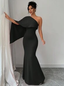 Elenzga 1pc Women Elegant Solid Color One-Shoulder Bat-Wing Fishtail Hem Fitted Dress Maxi Women Outfit
