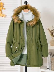2 peças de jaqueta grossa com capuz de lã verde militar para meninos pré-adolescentes, moderna e estilosa, adequada para outono/inverno