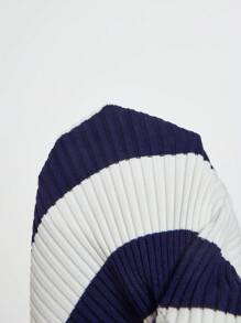 SHEIN MOD 蓝白条纹高领通勤休闲女士针织上衣，复古风格，简约百搭毛衣水手服职业装条纹长袖保暖 - 藍白色 - 查看 5