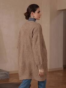 SHEIN Privé Retro Elegant Rhombus Pattern Ribbed Textured Long Knitted Cardigan - Brown - View 2