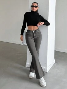 SHEIN PETITE Casual Distressed Slim Fit Flare Leg Jeans - Grey - View 3