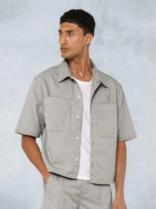 SUMWON Crop Revere Shirt And Straight Fit Pant 2 Piece Set