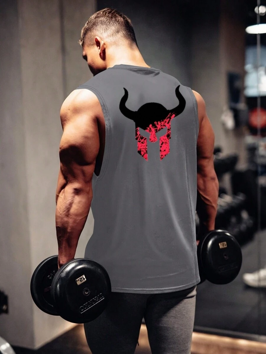 Manfinity Fitness Áo ba lỗ thể thao cổ tròn in hình bò đực phong cách bạn trai dành cho nam - Xám - Xem 1
