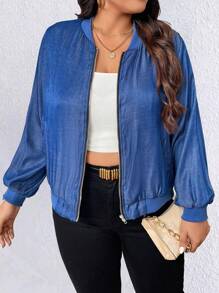 Calvaya Plus Size Spring Autumn Casual Denim Effect Baseball Collar Jacket - Blue - View 3