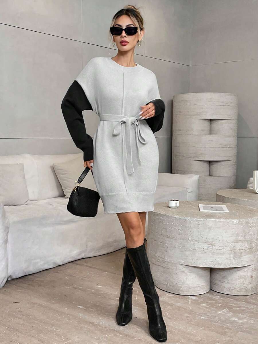 SHEIN Unity Solid Color Patchwork Round Neck Long Sleeve Tie Waist Minimalist Knit Sweater Dress - Multicolor - View 1