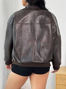 SHEIN EZwear Plus Size Casual Street-Style Drop Shoulder Loose Zip-Up Jacket With Side Pockets, PU Leather In Fall/Winter - Brown - View 2