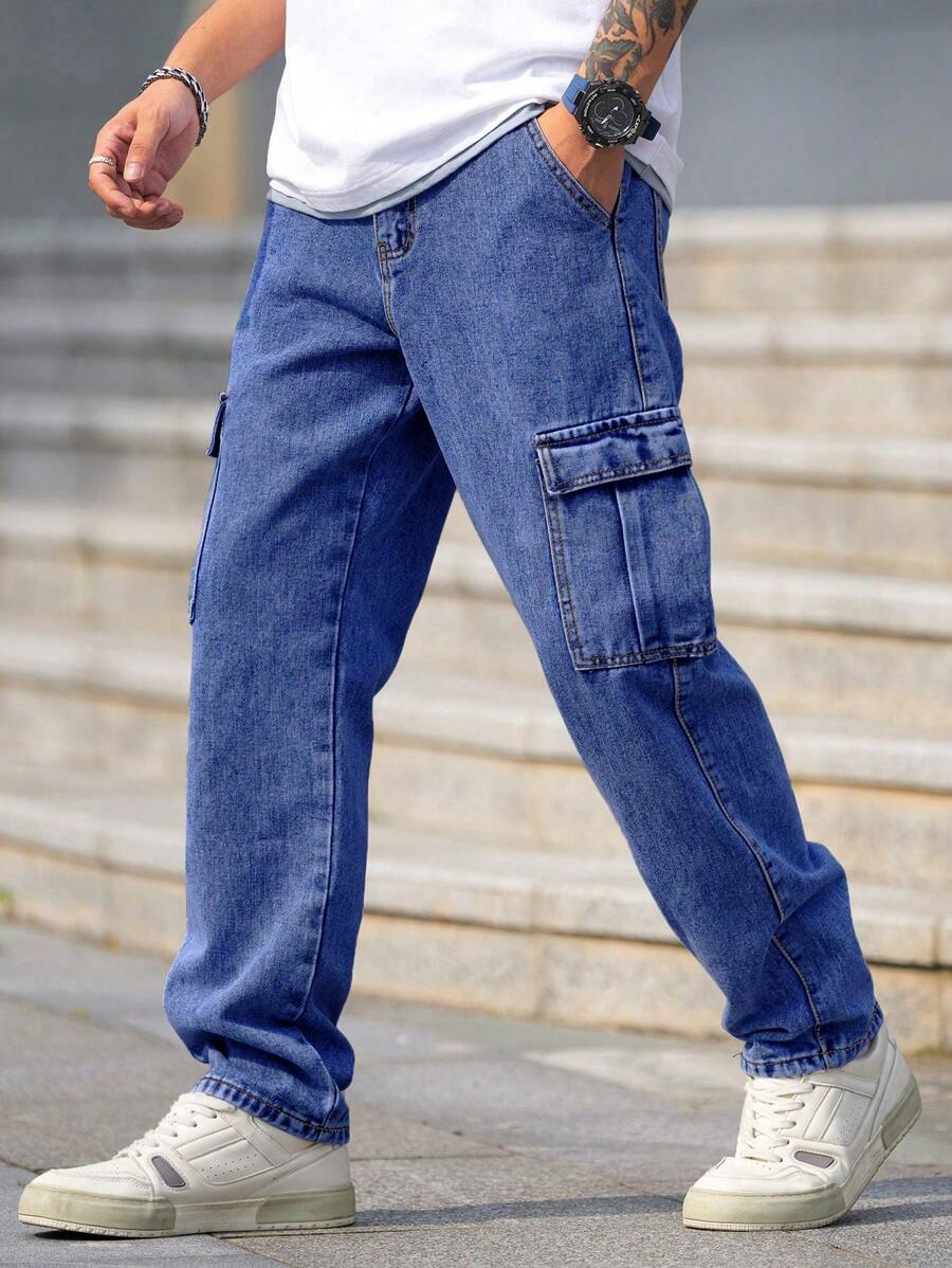 Manfinity Homme Celana Jeans Kargo Longgar Pria Warna Polos dengan Saku Tempel, Potongan Lurus Kasual - Medium Wash - View 1
