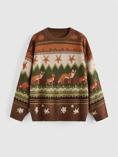 Fairycore Suéter casual de cuello redondo con gráfico de zorro para uso diario en tallas grandes, otoño/invierno