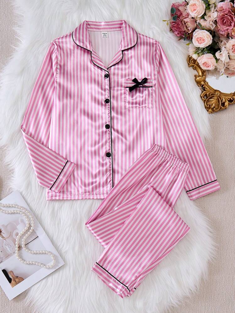 SHEIN Conjunto de pijama de satén a rayas con decoración de lazos para adolescentes, ropa de verano para viajes y relajación - Rosa - Añade 6