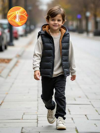 SHEIN Young Boy 1pc Quilted Hooded Padded Vest, Suitable For Autumn & Winter Outdoor Activities Boys Winter Wearkids Boys Winter Clotheskids Boy Winter Clothes