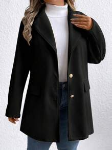 SHEIN LUNE 大码休闲纯色翻领单排扣大衣，秋冬 - 黑色 - 查看 1