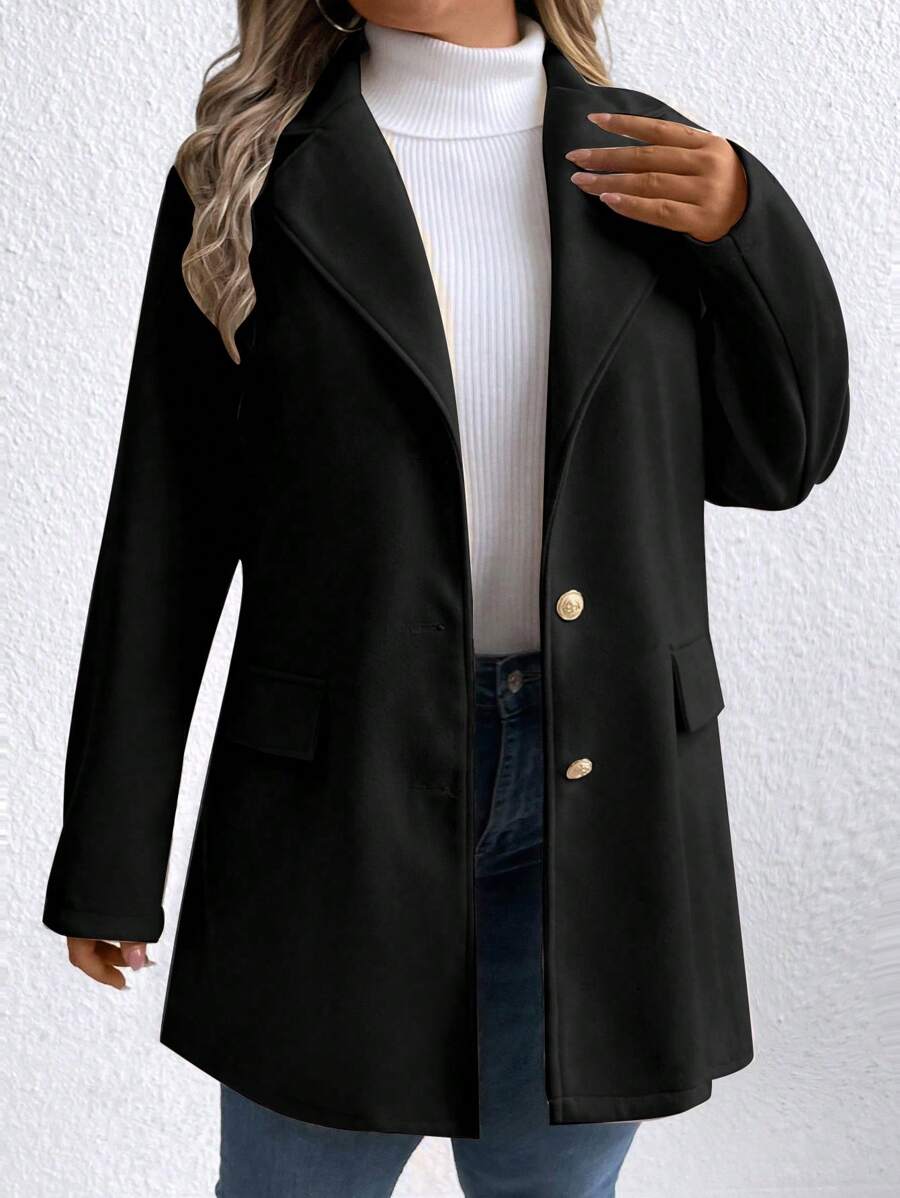 SHEIN LUNE 大码休闲纯色翻领单排扣大衣，秋冬 - 黑色 - 查看 1